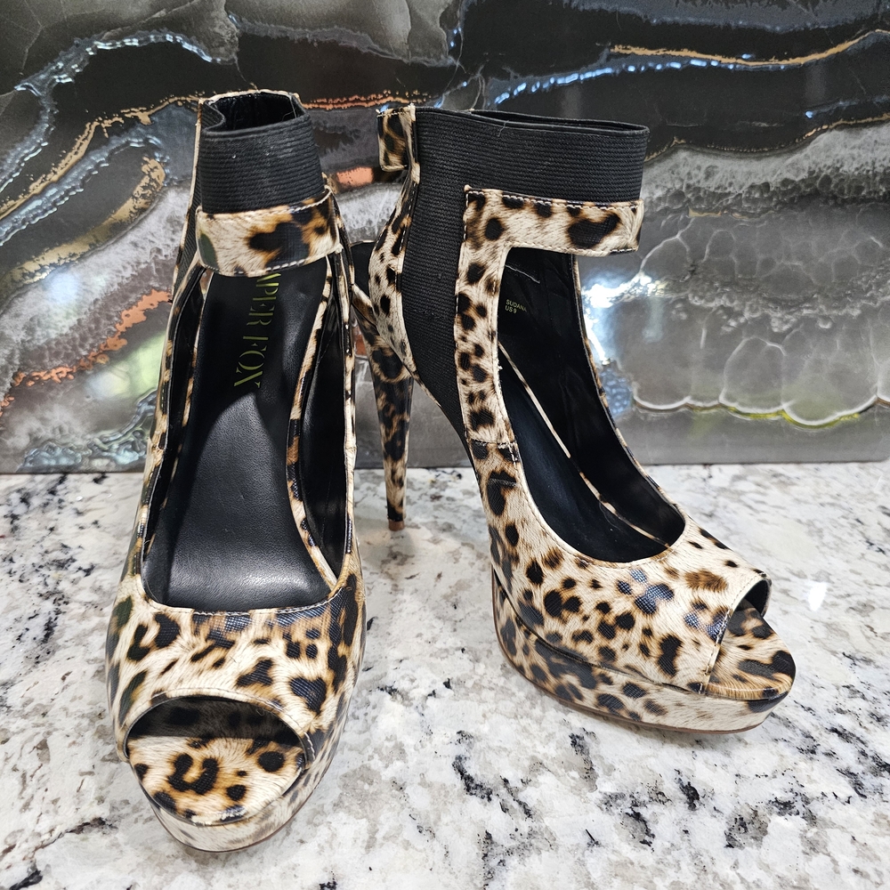 Paper Fox Sudana Leopard Print Peep-Toe Platform Heels with Black Elastic Ankle